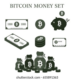 Illustration of Bitcoin money coin and bank note. Concept of money and investment in new generation of business income.