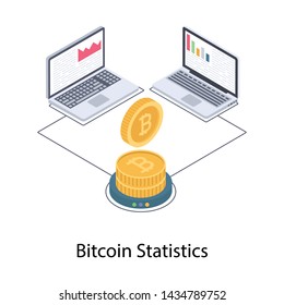 
Illustration of bitcoin statistics in isometric vector 
