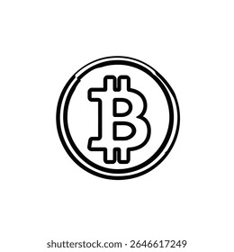 Ilustração do símbolo Bitcoin representado com linhas negras em negrito delimitadas por um círculo com um contorno duplo, definido em um fundo branco limpo.