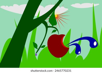 illustration of bitten apple on tree in green garden