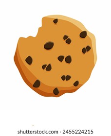 Illustration of a bitten choco chip cookie, can be used for illustrations in children's books or design compositions in the cake business, a simple flat vector design.