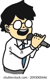Illustration of a biz person singing a song with a microphone in a karaoke box