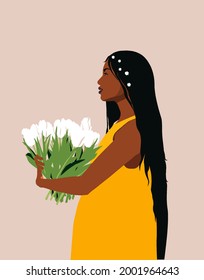 illustration of black  African beautiful  woman (princess) with bouquet of tulips, sketch vector graphic color illustration on beige background
