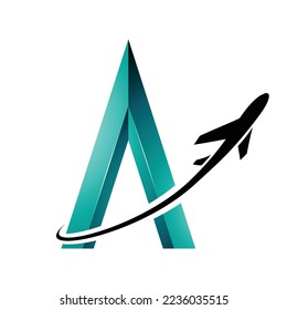 Illustration of Black Airplane Flying Around a Persian Green Embossed Letter A isolated on a White Background