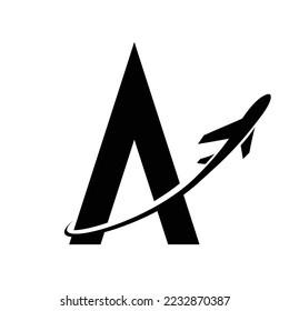 Illustration of Black Airplane and Letter A - Version 2 isolated on a White Background