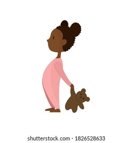 An illustration of a black baby girl holding a teddy bear. Little girl in pink pajamas. Isolated on white