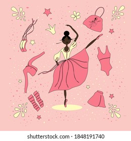 illustration of a black ballerina in pink and yellow