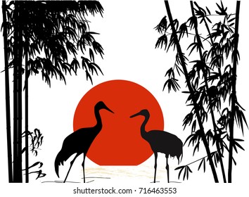 illustration with black bamboo and two cranes isolated on white background