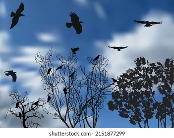 illustration with black bare branches and flying crows on blue sky background