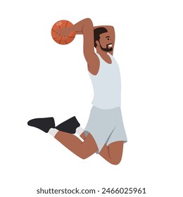 Illustration of a black basketball player man jump for dunk. Flat vector illustration isolated on white background