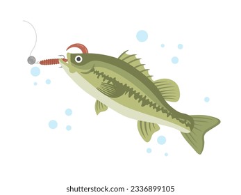 An illustration of a black bass fishing with a soft lure.