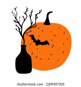 Illustration of a black bat and a orange pumpkin on a white background