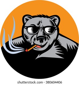 Illustration of a black bear wearing sunglasses smoking cigar viewed from front set inside circle done in retro woodcut style.