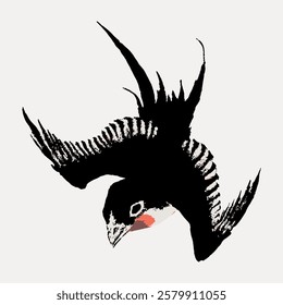 Illustration of a black bird in flight, wings spread wide. The bird, with striking black feathers, shows dynamic movement. Black bird in a minimalist style. Vintage bird illustration vector.