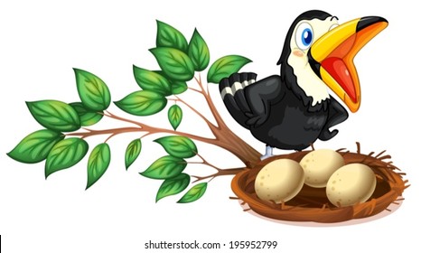 Illustration of a black bird watching the nest with eggs on a white background