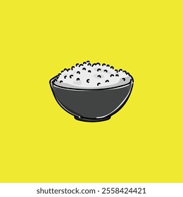 Illustration of a black bowl filled with white rice on a vibrant yellow background, visually emphasizing simplicity and nourishment.