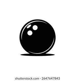 Illustration of a black bowling ball with three finger holes, depicted in silhouette against a stark white backdrop. Symbolizes sport, recreation, and bowling leisure.
