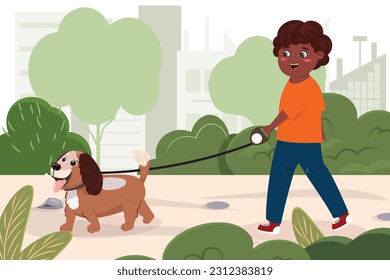 Illustration with a black boy and dog walking in the park.