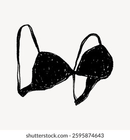 Illustration of a black bra with simple lines on a white background. The bra design is minimalistic and artistic, showcasing a black bra in a sketch style. Doodle illustration vector.