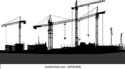 illustration with black buildings and cranes isolated on white background