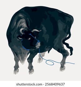 Illustration of a black bull with a blue rope. The bull stands strong, showcasing its powerful build. The black bull is depicted in a stylized, artistic manner.