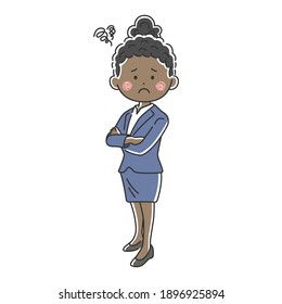 Illustration of a black business woman who is in trouble with her arms folded.