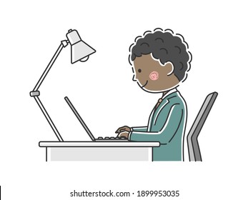 Illustration of a black businessman working on a laptop at a desk.