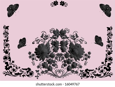 illustration with black butterfly and different flowers decoration
