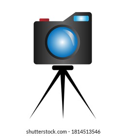 illustration of a black camera with a flash on a tripod