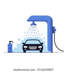 An illustration of a black car undergoing an automatic wash with water and soap bubbles flowing from a blue car wash arch.