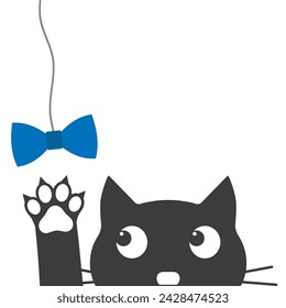 Illustration of black cat and blue bow tie on white background.