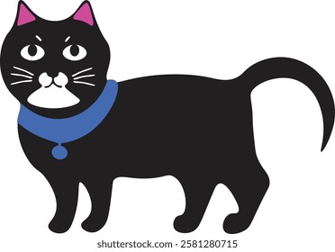 Illustration of black cat with blue necklaces