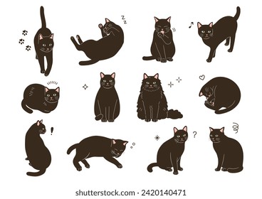 Ilustración del gato negro en poses diferentes