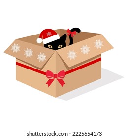 Illustration of a black cat in a festive box with a red ribbon