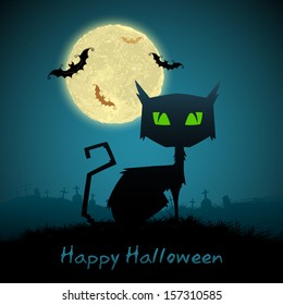 illustration of black cat in Halloween full moon night