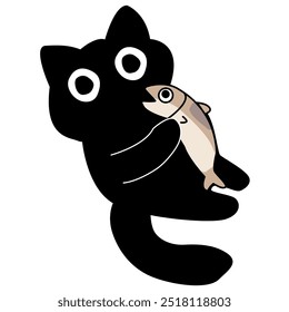 illustration of a black cat holding a fish. flat design