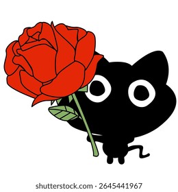 Illustration A black cat holding a red rose. 