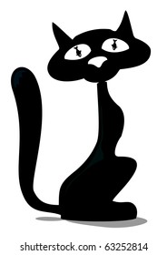 Illustration of a black cat isolated on the white. In his eyes fish. Shadow. Vector