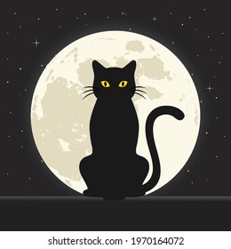 illustration of a black cat on a background of the night sky with stars and the moon