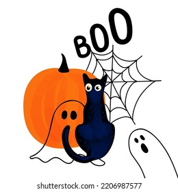 Illustration of a black cat,  orange pumpkin and ghosts on a white background