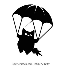 Ilustración de gato negro paracaidismo.