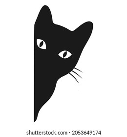 Illustration of a black cat peeking out from the corner on a white background