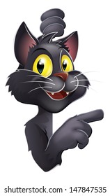 An illustration of a black cat peeping round a banner or sign and pointing. Could be a black witches cat cartoon character for Halloween