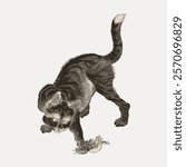 Illustration of a black cat playing with a mouse. The black cat is in motion, capturing the mouse. The black cat