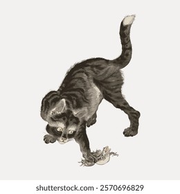 Illustration of a black cat playing with a mouse. The black cat is in motion, capturing the mouse. The black cat's fur is detailed, showing its playful nature. Isolated vintage vector element.