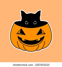 Illustration of a black cat in pumpkin icon for halloween
