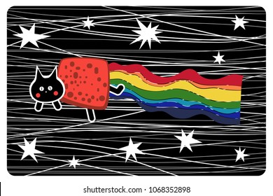 Illustration. A black cat with a red torso on the rainbow. The cat depicted on the background of dark color . Against the background of dark color shows white stars.