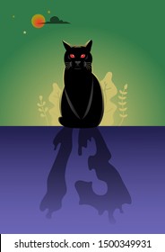 Illustration of a black cat with it is reflection resembling number 13 on a gloomy green background