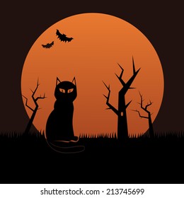 Illustration of a black cat silhouette, bats and dry tree on a background of the full moon. Halloween theme