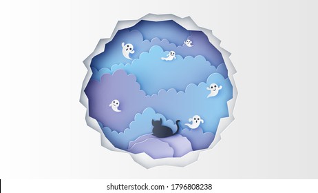 Illustration of a black cat sitting on hill and watching baby ghost spirit flying on Halloween night sky. paper cut and craft style. vector, illustration.